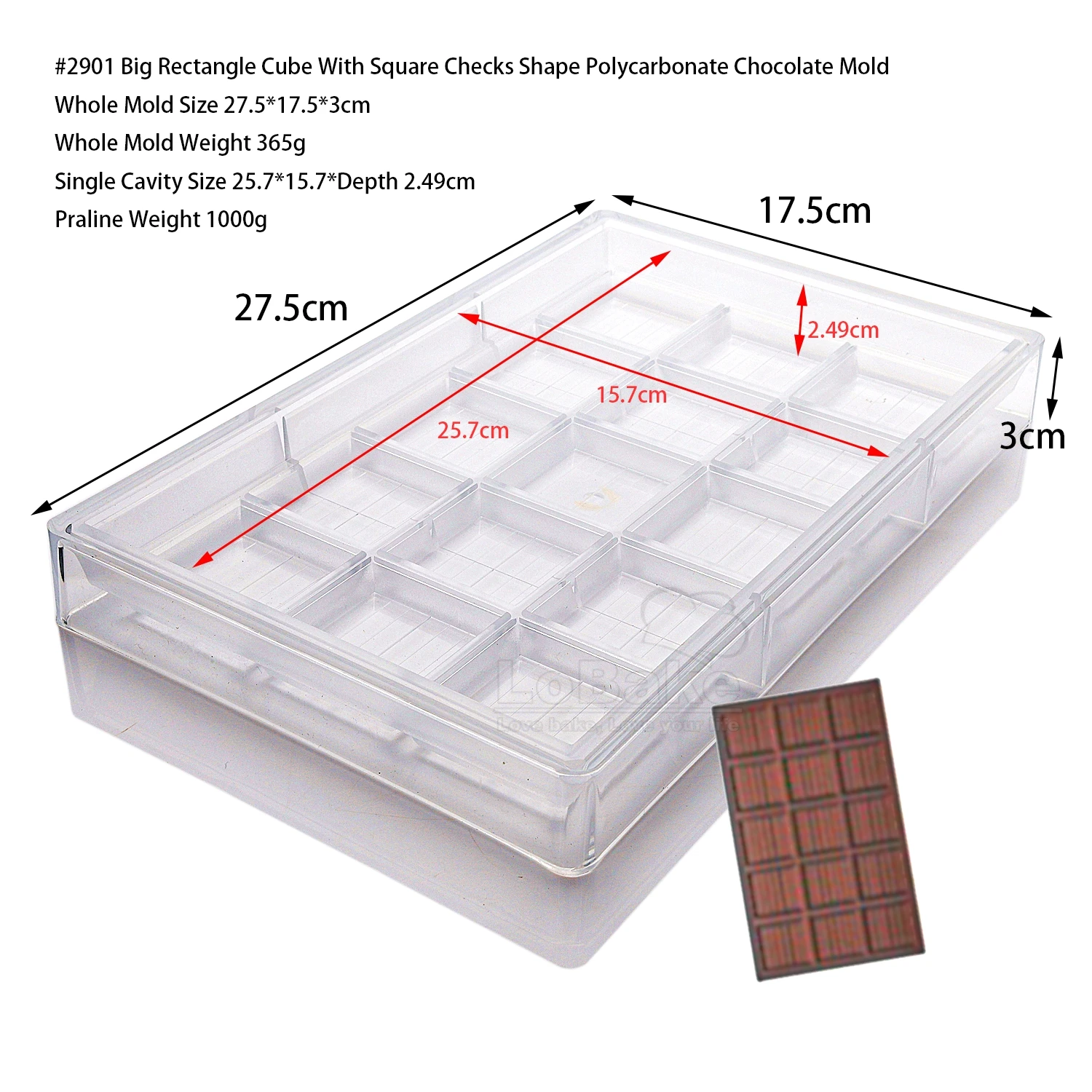 One Big Rectangle Block Shape Polycarbonate Chocolate Mold With Square Stripy Cube Candy Sugarcraft Making DIY Baking Supplies