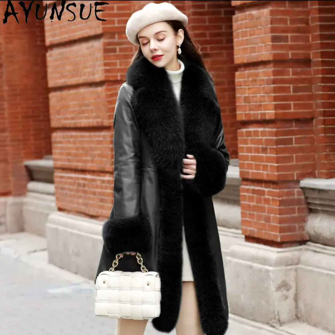 AYUNSUE Genuine Sheepskin Leather Jackets for Women 2023 New Winter Warm Duck Down Jacket Mid-length Leather Coat Fox Fur Collar