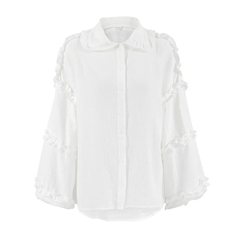 

Cotton Crepe Elegant White Shirts For Women Lantern Sleeve Frill Lapel Blouses And Tops Spring Autumn Office Ladies Shirt