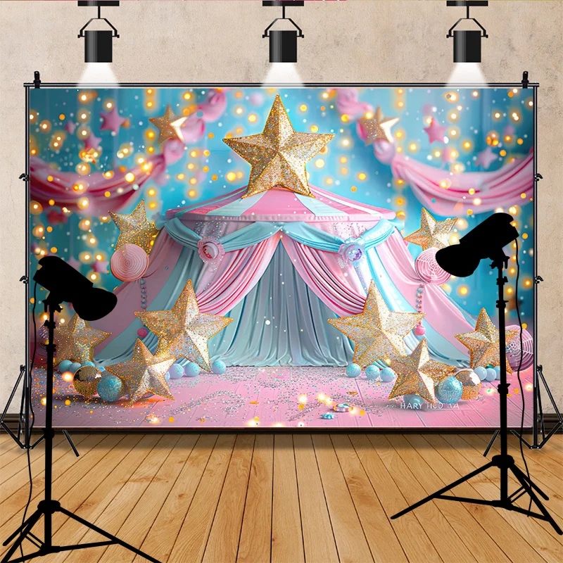 Circus Tent With Striped Canopy Popcorn Photography Backdrops Balloons Birthday Party Decor Animal Photo Studio Background SD-09