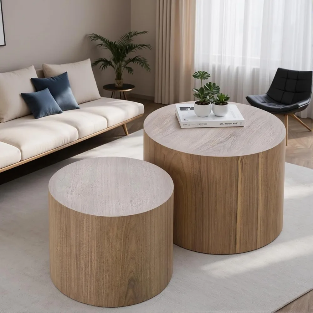 Nesting Coffee Table Set of 2, Modern Round Coffee Table with Non-Slip Feet, Wooden Circle Side Table and Accent Furniture