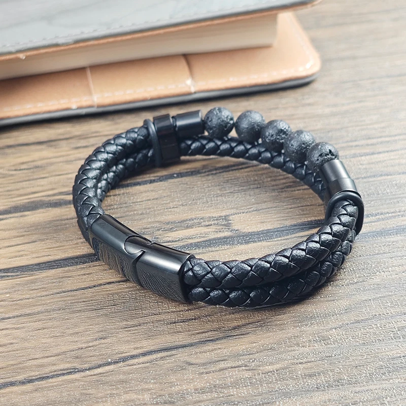 Herren Doppelt Geflochtenes Lederarmband Natürliche Lavastein-Perlen Magnetverschluss Vintage Punk Armband Männerschmuck Geschenk – Detail 8