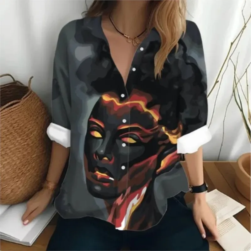 Ladies Turn Down Collar Blouse Tops 2024 New Fashionable 3D Digital Print Womens Loose Single Breasted Cardigan Shirt Streetwear