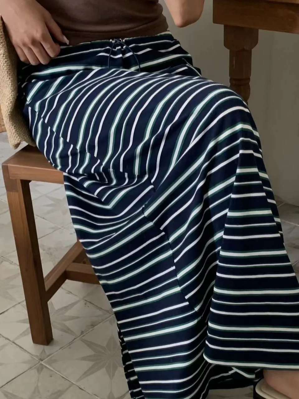 

Laid-ba Korean Sle A-Line Midi Skirt Women's Faionable Versatile Retro Striped Dstring Autumn New Arrival