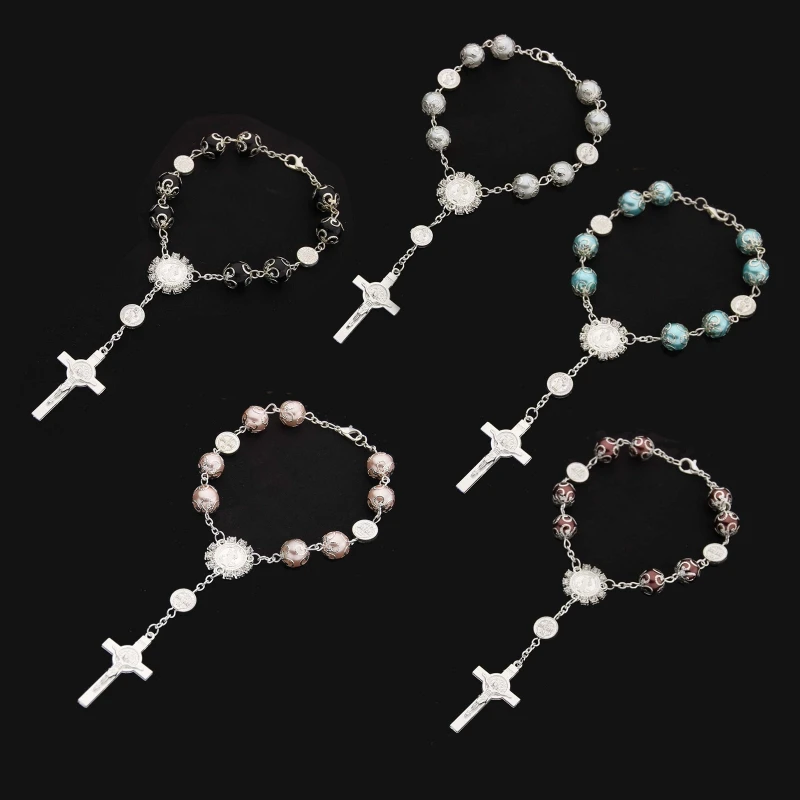 Baby Pearl Baptism Religious Gift Catholic for Cross Finger Chain Mini Rosary Multicolor for Cross Rosary Bracelet for W 40GB