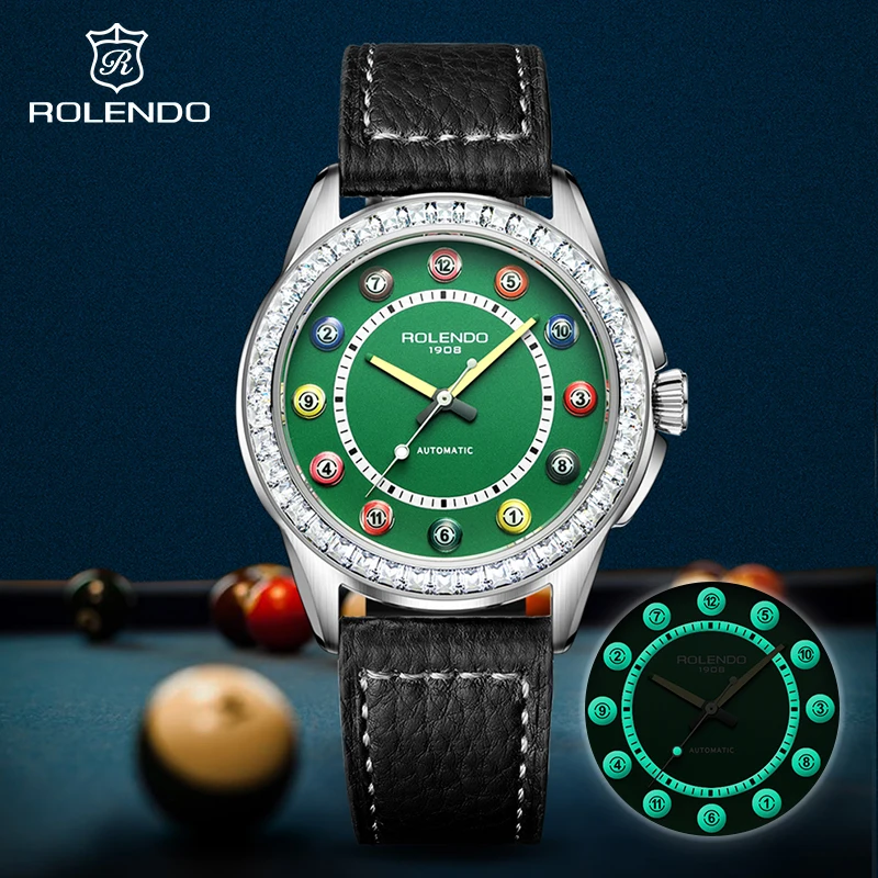 

ROLENDO Billiards Diamond-Set Automatic Man Watch Green Dial Leather Strap Cool luminous Billiards Enthusiasts Luxury Wristwatch