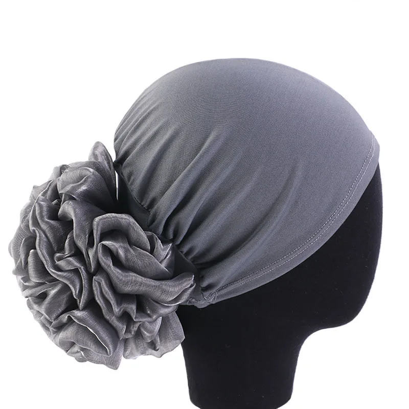 Elegant Women Satin Flower Turban Hat Muslim Headscarf Bonnet Head Wraps for Lady Hair Accessories Headwear Hat Turbante Mejur