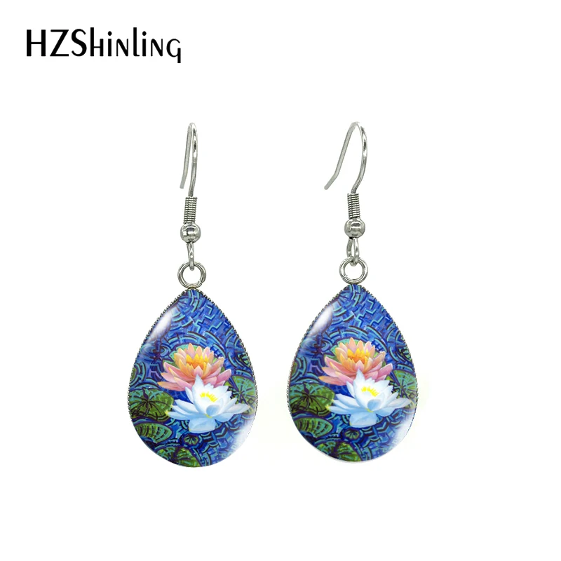 New Flowers Lily Lotus Painting Lotus Flowers Oil Paintings Handmade Glass Cabochon Tear Drop Fish Hook Earrings