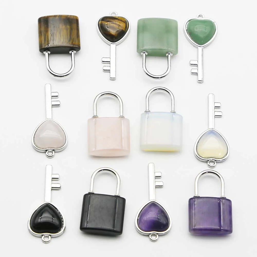 Quality Natural Stone Crystal Heart Silver Key Couple Lock Set Pendants Charms Fashion Jewelry Gift Accessories Wholesale 6Setof