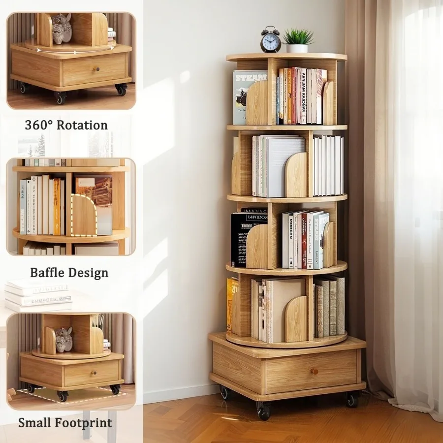 

5 Tier Rotating Bookshelf 360 Display Round Spinning Bookshelf with Wheels SpaceSaving Small Space Rotating Bookshelf Tower for