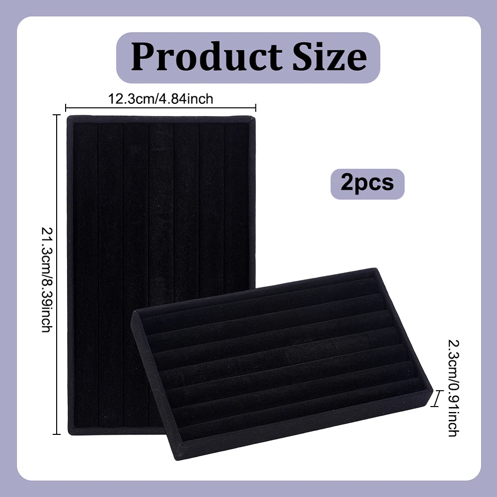 2Pcs Velvet Ring Holder Trays 6 Slots Rectangle Black Earrings Jewelry Storage Display Organizer for Household Store Rings