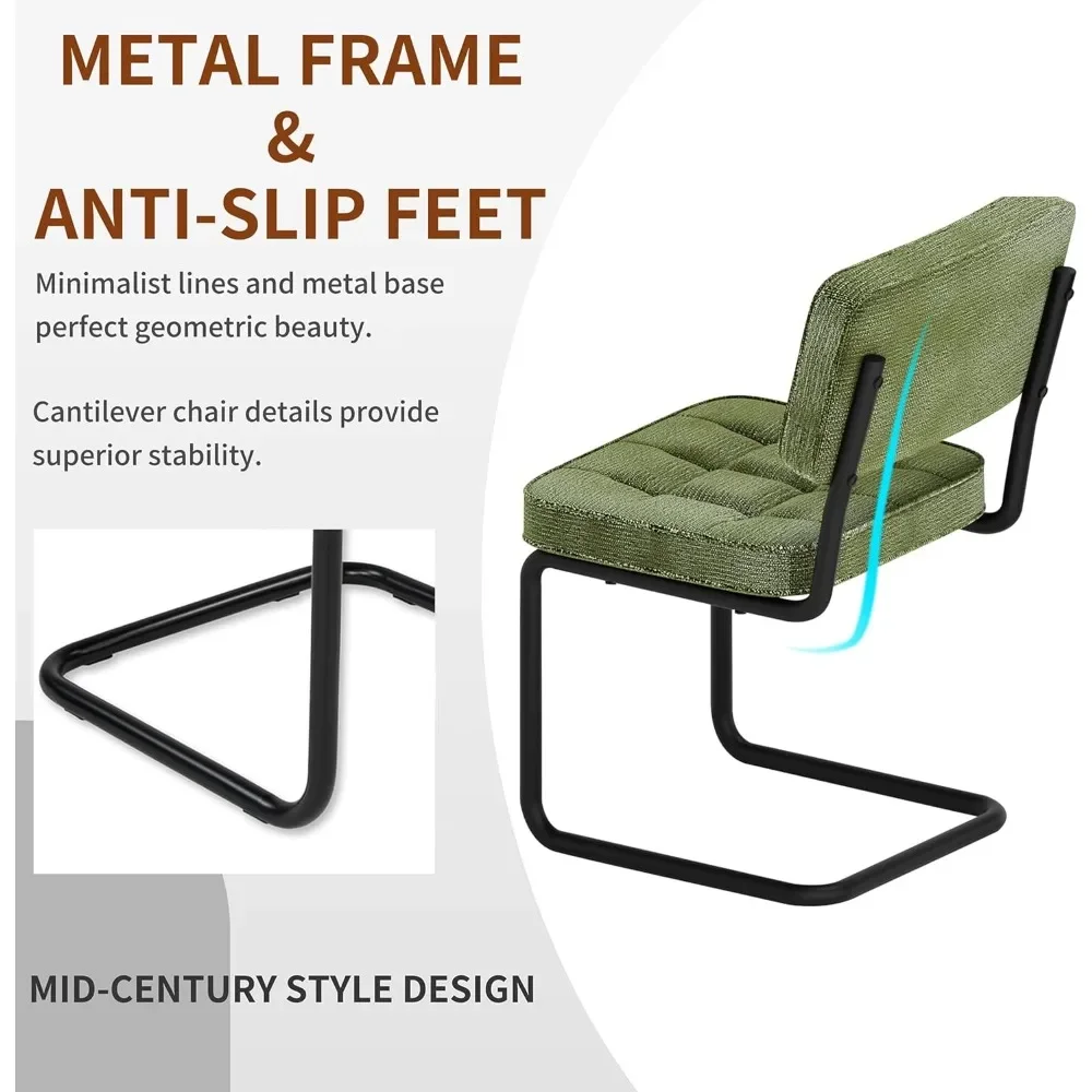 Nowoczesne, zielone krzesła do jadalni typu cantilever, zestaw 4 sztuk, krzesła boczne bez podłokietników w stylu mid-century z tapicerowanym siedziskiem i oparciem.