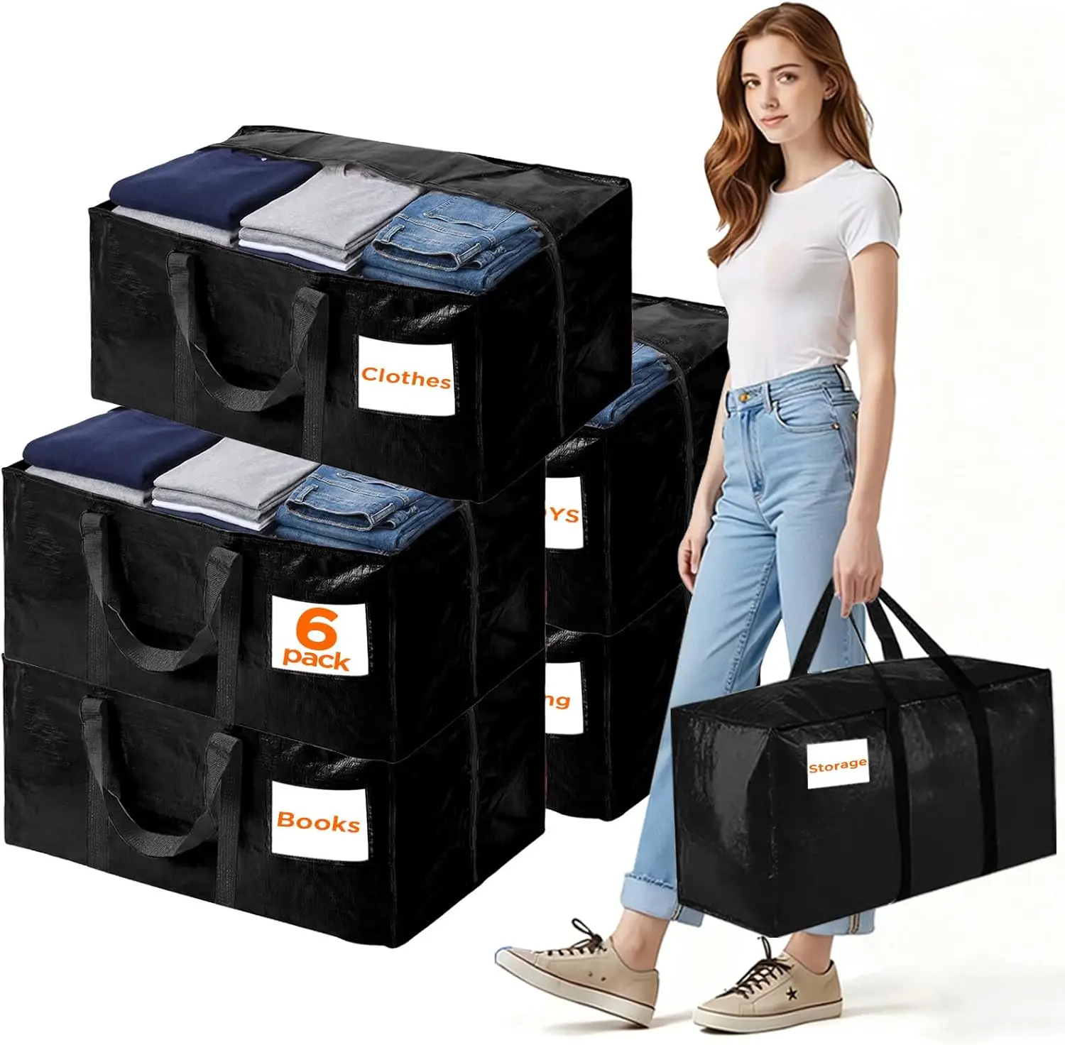 Paquete de 6 Bolsas de Mudanza Resistentes de Polietileno para Almacenamiento, para Dormitorios Universitarios, Campamentos y Empacar, con Asas y Cierres Resistentes
