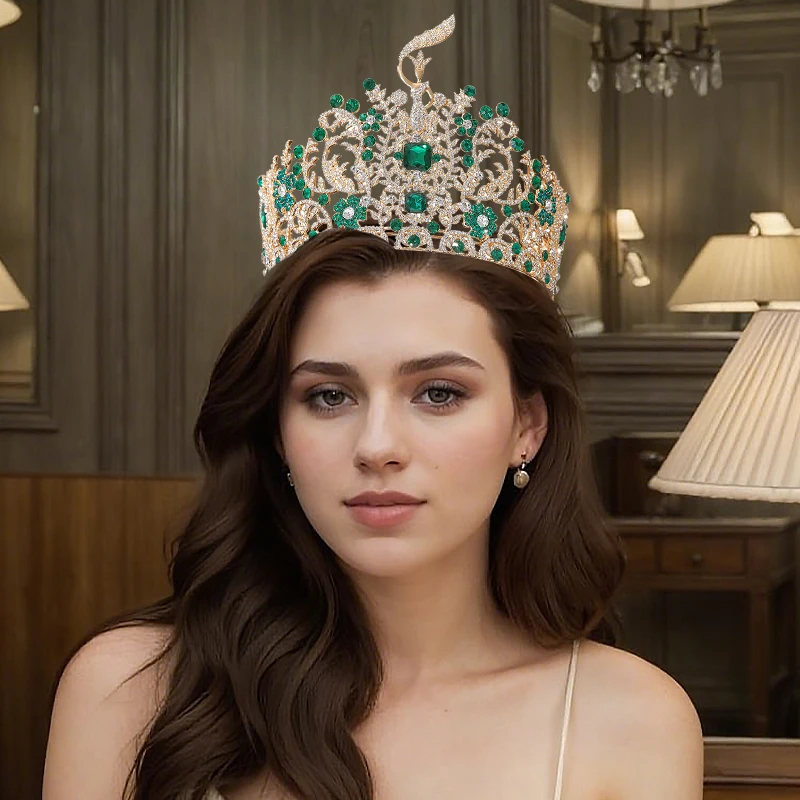 

Pageant Fans Baroque Miss Grand International Big Crown Round Wedding Pageant Rhinestone Crystal Tiaras Crown Hair Accessory