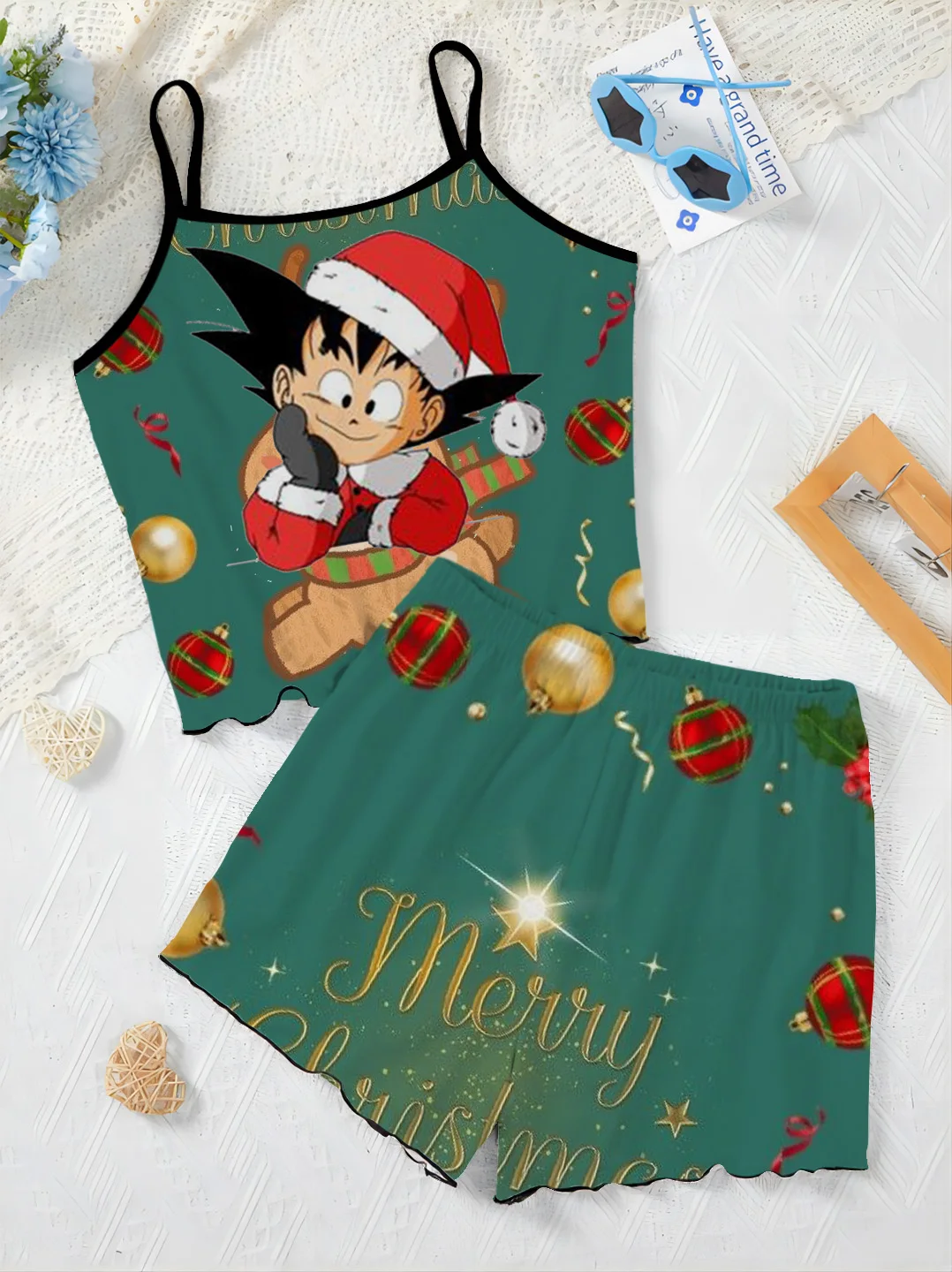 Top Elegant Women's Sets Home Dress Dragon Ball Son Goku Pajama Skirt Lettuce Trim T-shirt Pieces Short Two Set Suit Slip Dress