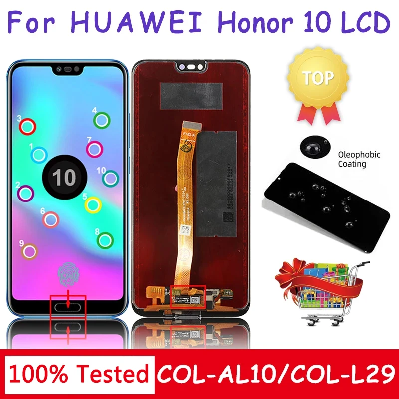 5.84''100% Test for Huawei Honor 10 Honor10 LCD COL-L29 L19 AL10 TL10 Display Touch Screen Digitizer Assembly with Fingerprint