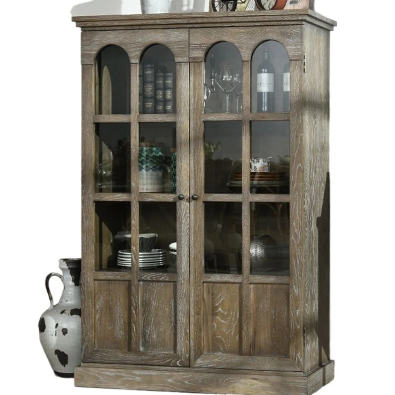 

American solid wood retro living room storage cabinet European bookcase display French old dining side cabinet antique