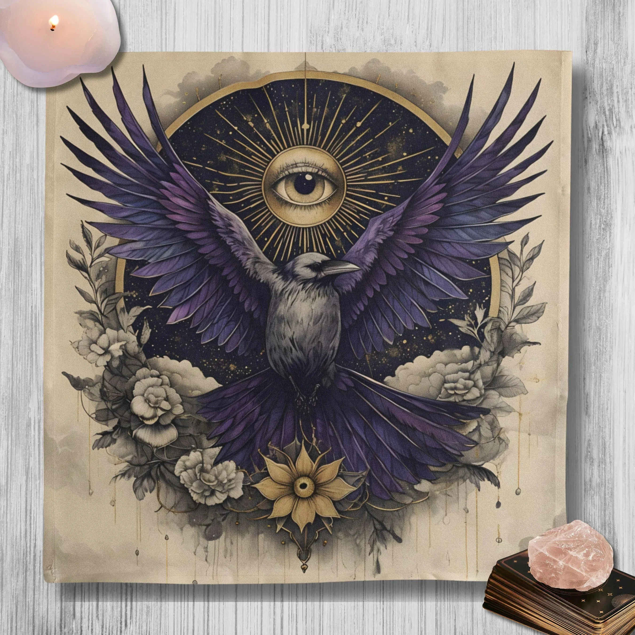 VIKAMA Retro Crow Full Sight Eye Tablecloth Dark Witch Altar Cloth Mysterious Flower Tarot Divination Ceremony Tablecloth