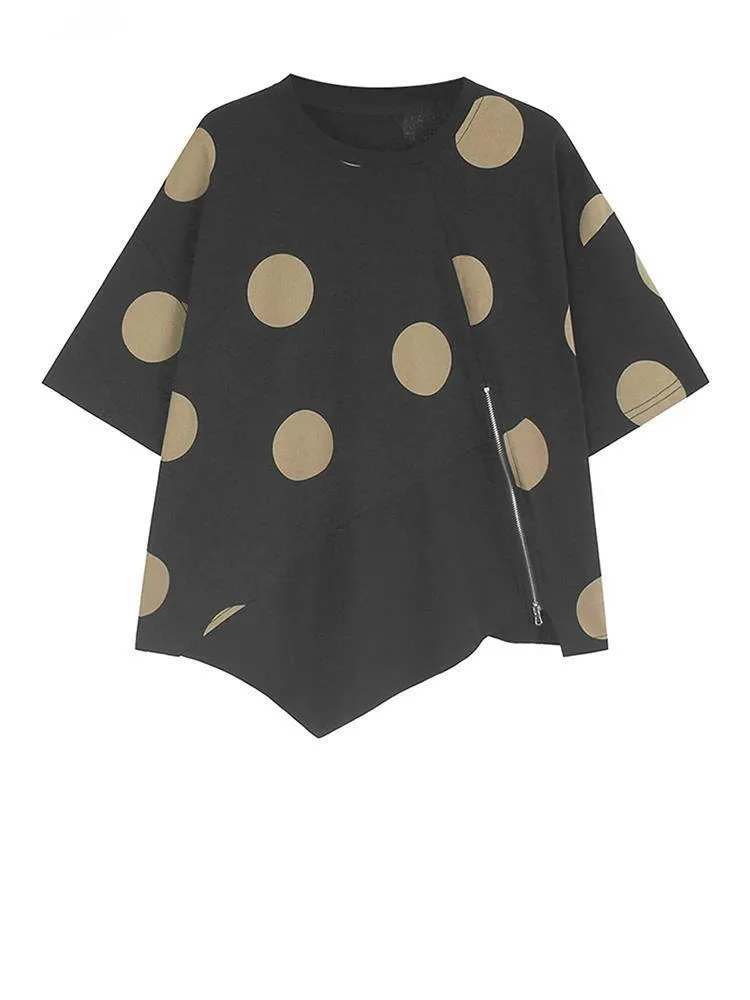 

Women Black Dot Printed Big Size Irregular T-shirt New Round Neck Short Sleeve Fashion Tide Spring Summer