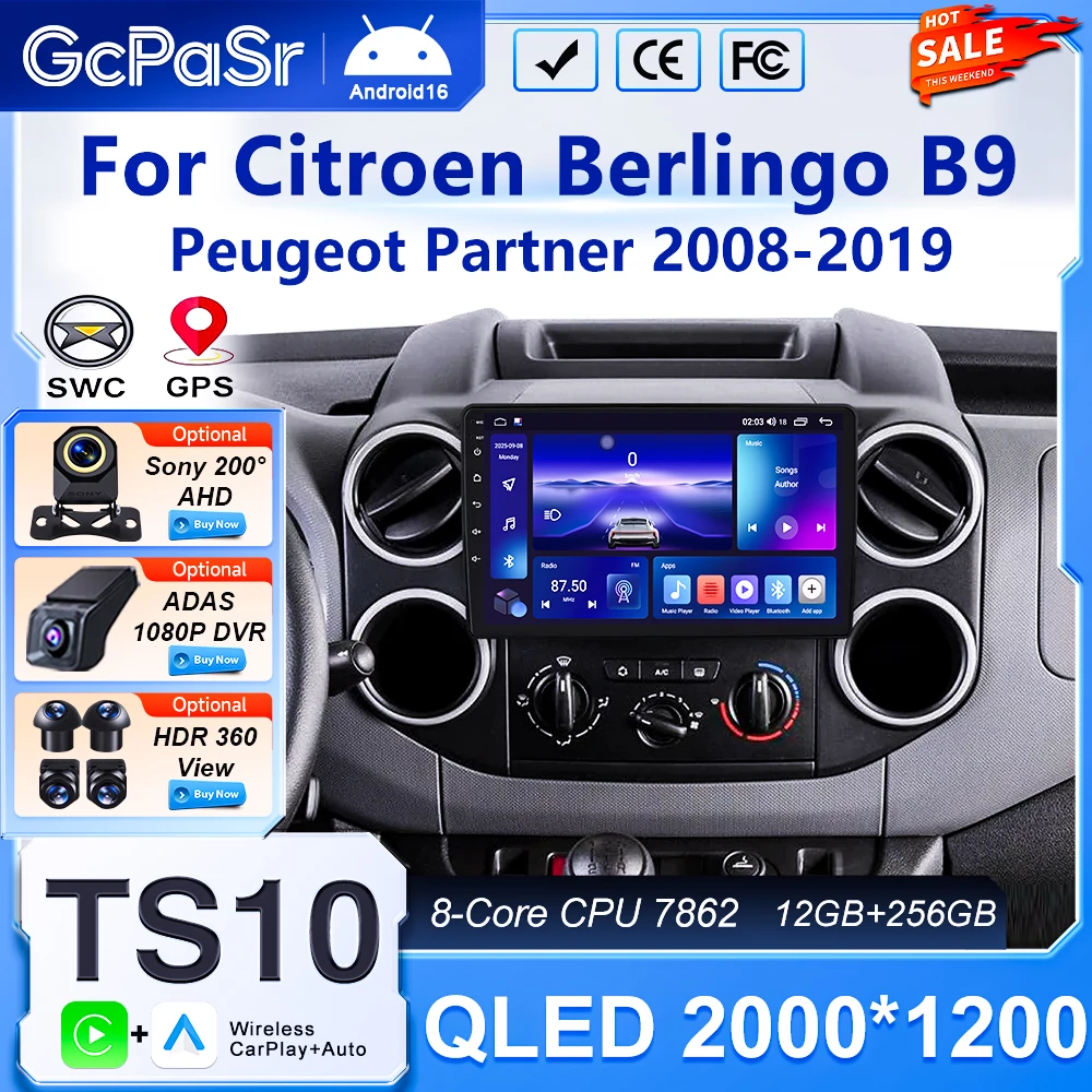 Android 16 Autoradio für Citroen Berlingo B9 Peugeot Partner 2008 - 2019 Kabelloses CarPlay Auto Ohne 2 DIN DVD-Headunit-Bildschirm
