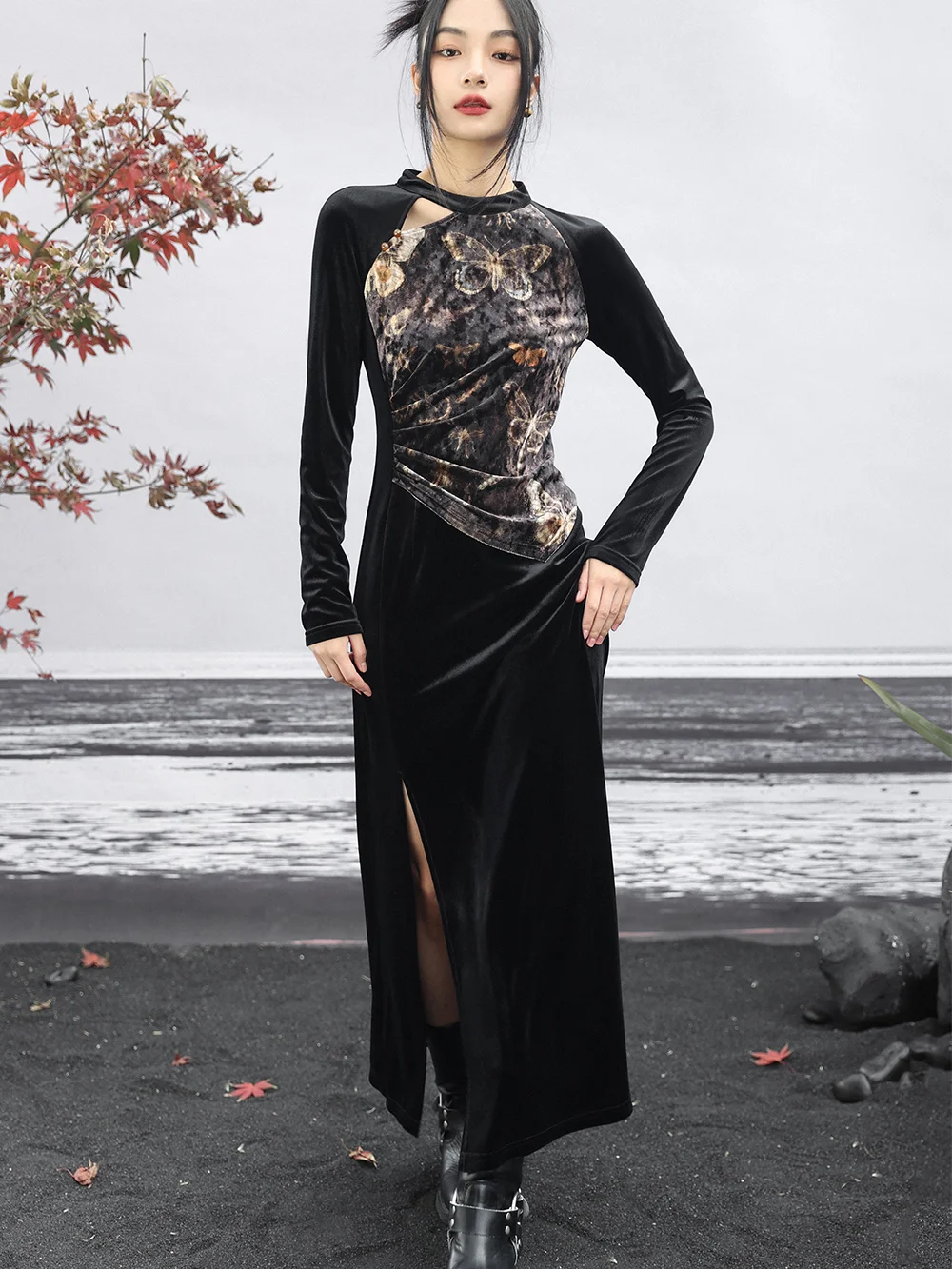 Niche Design Printed Dress 2024 Women's Clothing Spring New Waist Slimming Velvet Chinese Cheongsam