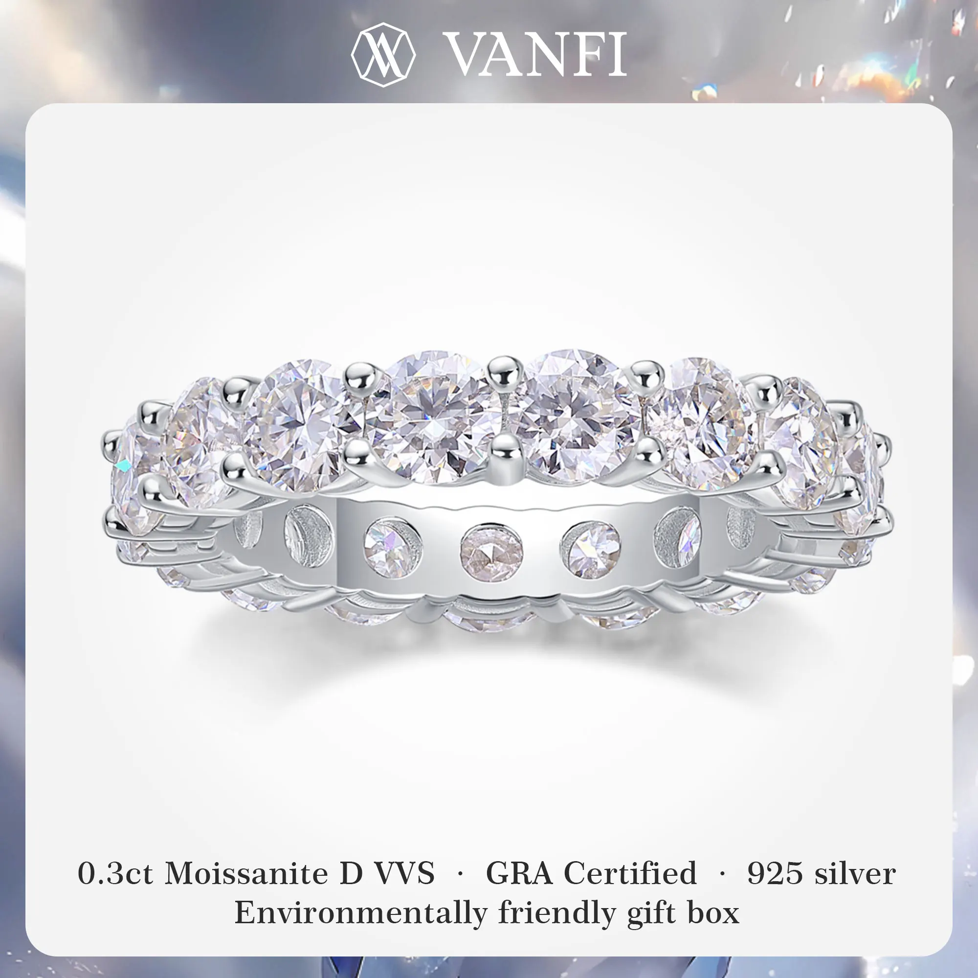 

kfvanfi 0.3ct Moissanite GRA certified D VVS women's ring s925 sterling silver plated 18K white gold lab diamond party jewelry