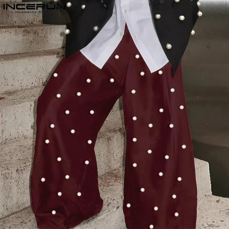 INCERUN 2025 Korean Style Trousers Stylish Men Solid Pearl Decoration Design Pants Casual City Walk Male Straight Leg Pantalons