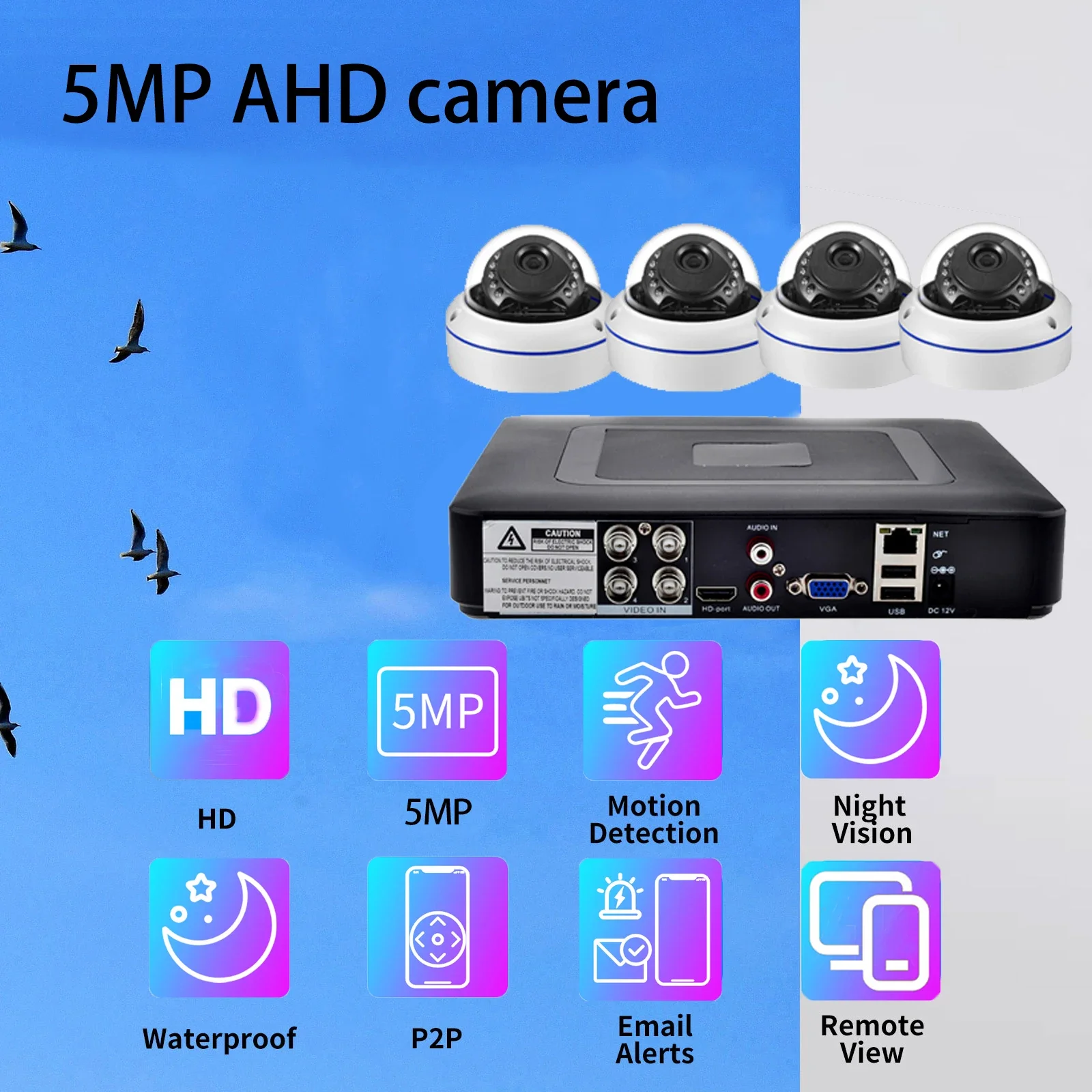 Gadinan 5MP 1080P AHD 4CH CCTV System Camera Kit 5-in-1 Video Recorder Monitoring Outdoor Security Protection Video Surveillance