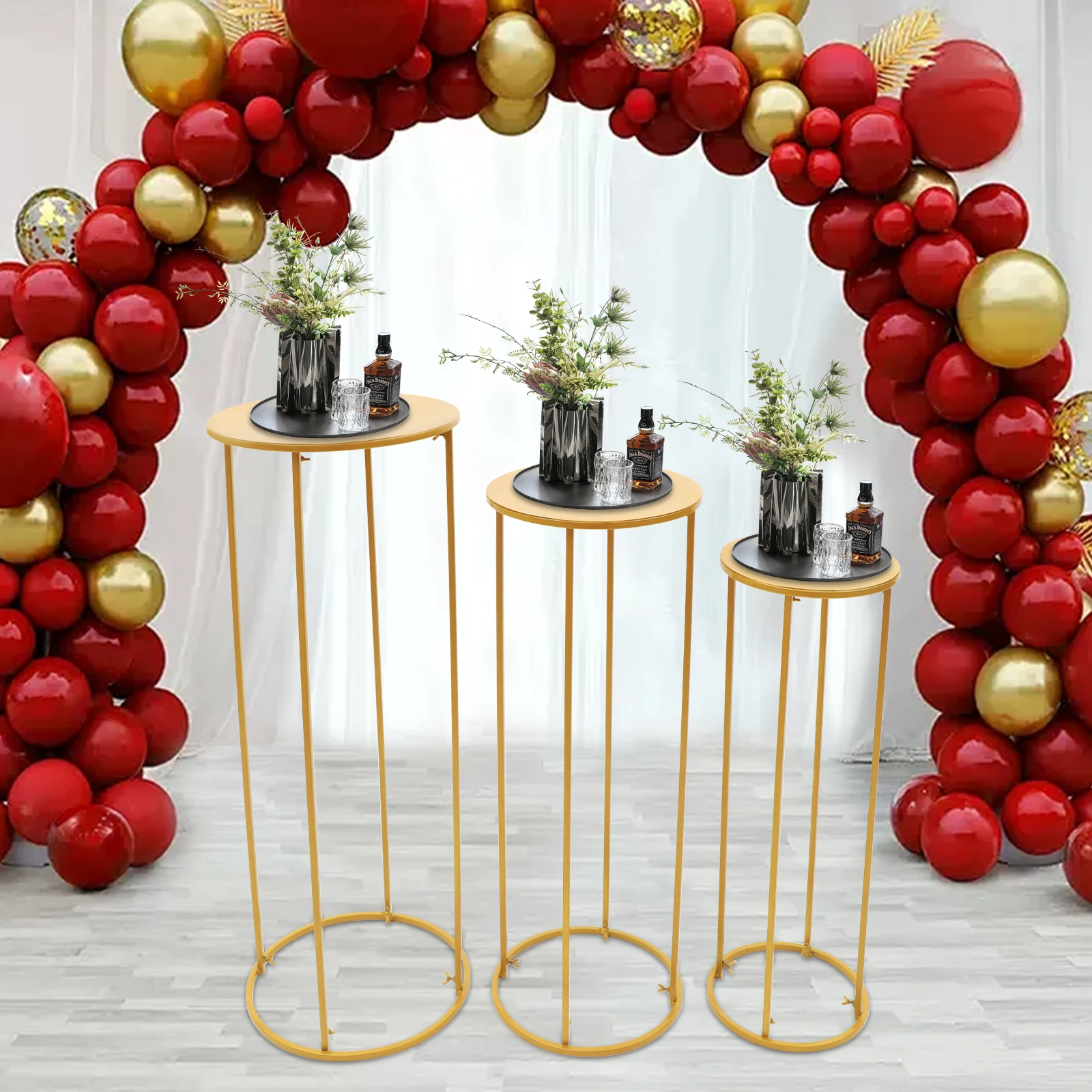 

Free Standing Gold Flower Display Rack 3-Piece, 3 Sizes Cylindrical Steel Frame, for Wedding/Birthday/Christmas Party Decor