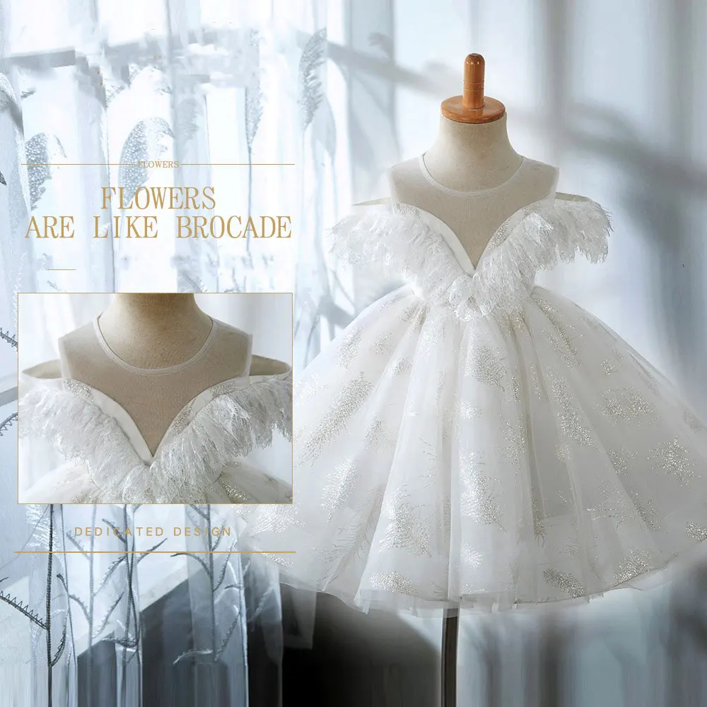 Jill desejo-vestido de princesa árabe para meninas, vestido de flor branca brilhante, para casamento, festa de aniversário, vestido de baile, 2024,