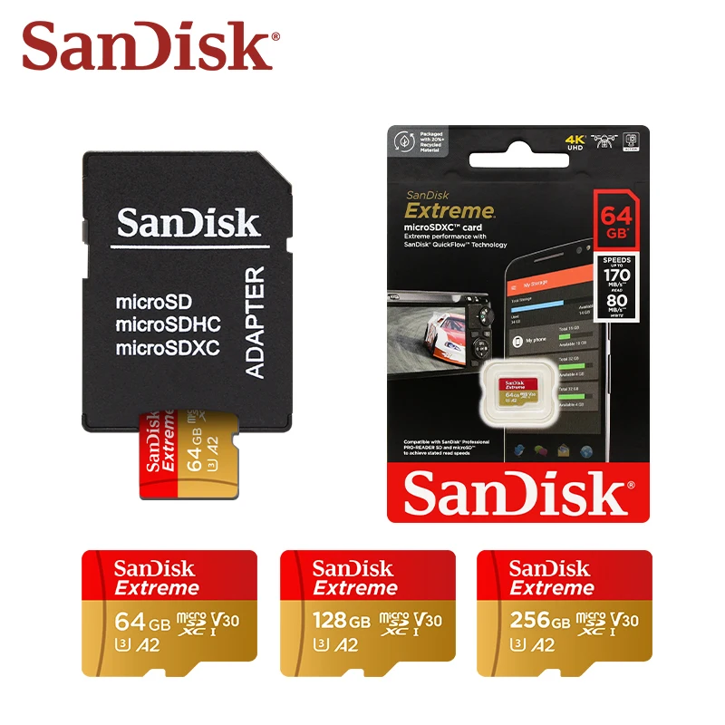 Sandisk การ์ด Micro SD V30 32GB 64GB บัตร TF คลาส10 GB การ์ดความจำสุดขีด128GB สำหรับโดรนกล้อง100% ของแท้สูงสุด190เมกะไบต์/วินาที