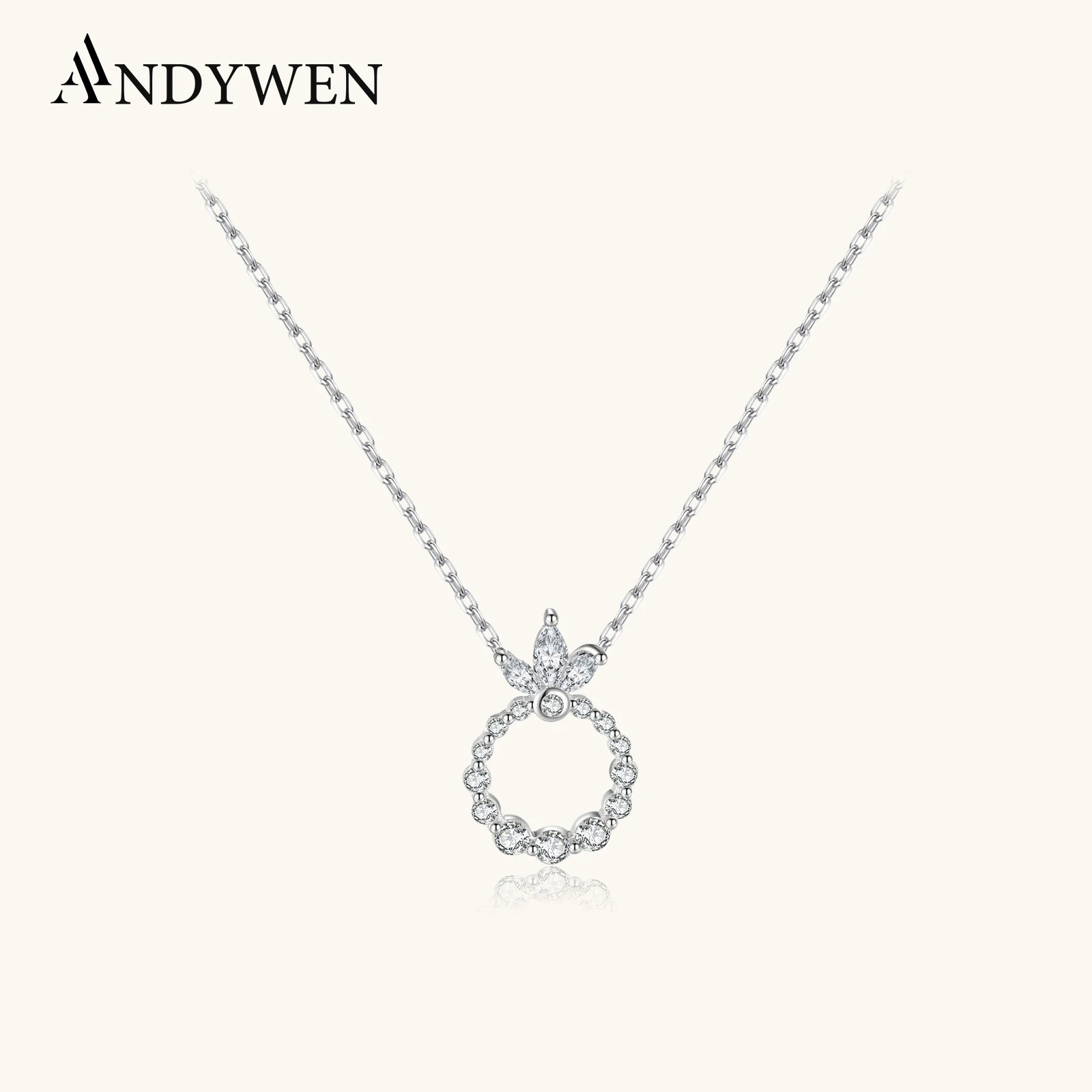 

ANDYWEN 925 Sterling Silver Sparkling Leafs Circle Crown Necklace with Teardrop CZ Zircon Delicate Chain Luxury Wedding Gift