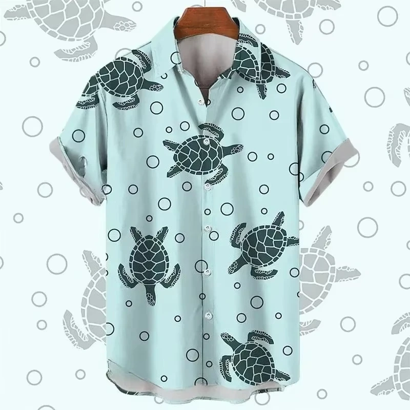 Men's Sea Turtle Print Short Sleeve Shirt, Lapel Button‑Down Casual Blouse, Light‑blue Ocean Turtle Bubble Pattern Loose Tops,