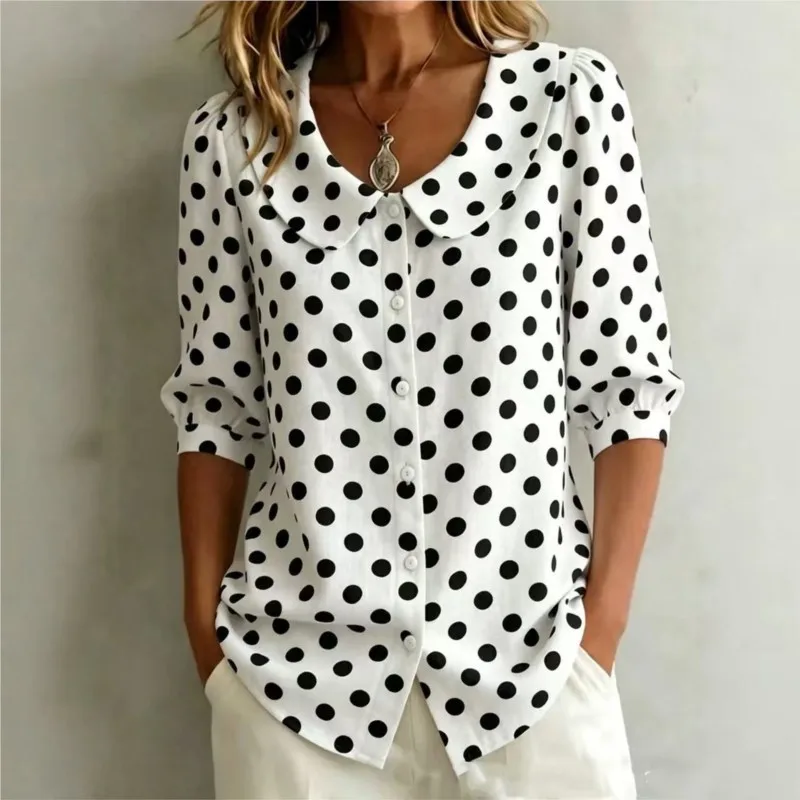 

Fashion Polka Dot Shirts Tops Spring Women Casual Lapel Blouse Single Breasted Half Sleeves Office Lady Elegant New Classic Tops
