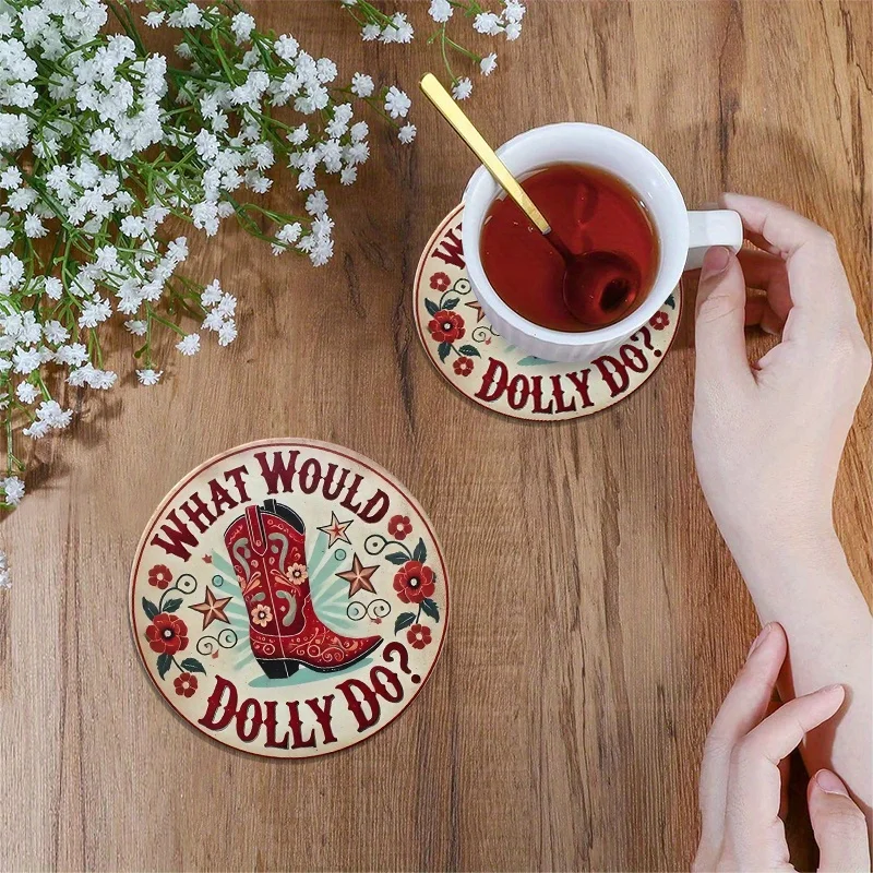 2D Retro Western Boot Design 6PCS 10CM Wooden Coaster Lightweight Coffee Shop Office Home Decor Housewarming Desktop Protection