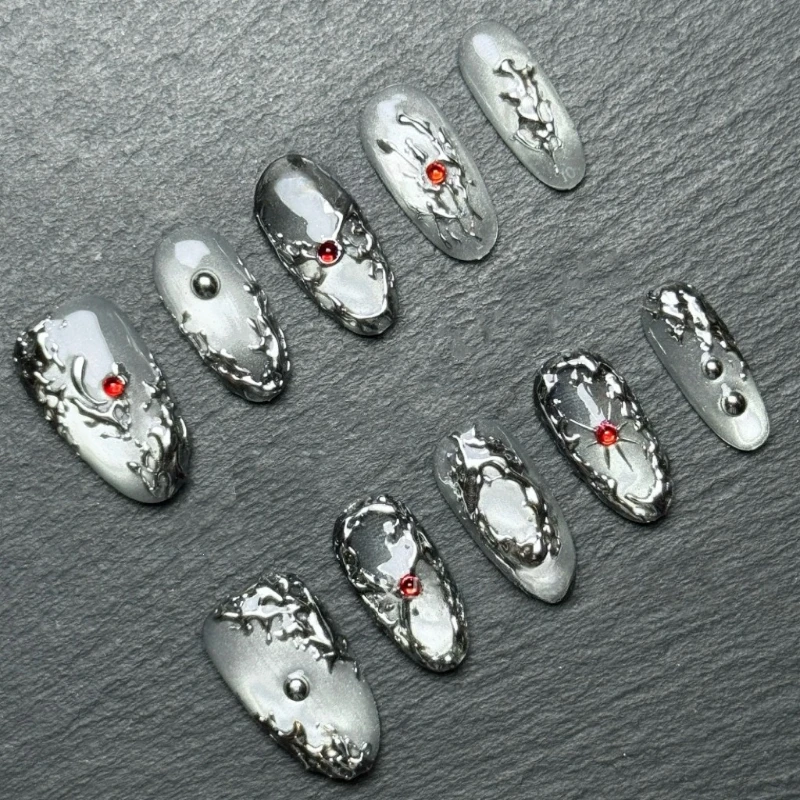 

24PCS Dark Cat Eye Almond Stick on False Nails Metallic Silver Patterns French Fake Nails Hot Girls Sweet Cool Detachable Nails