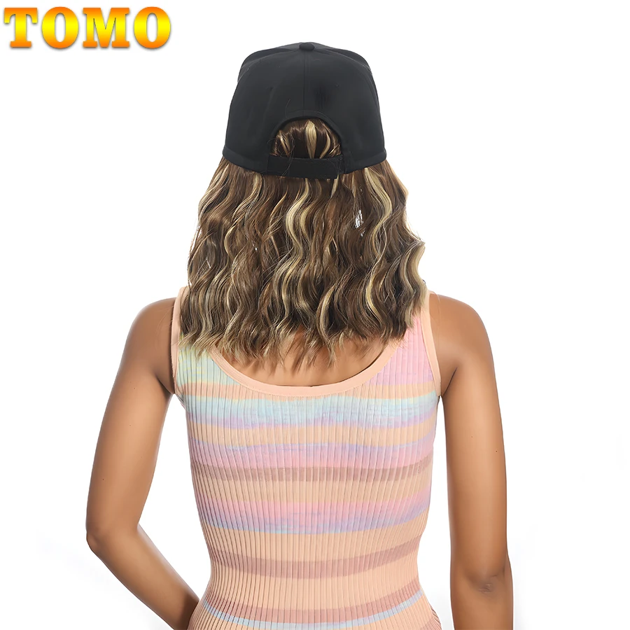 TOMO-Perruque de Baseball Synthétique Courte Ondulée, Bob Naturel, Chapeau Noir, Casquette avec Cheveux Allergiques, Ajustable pour Bol