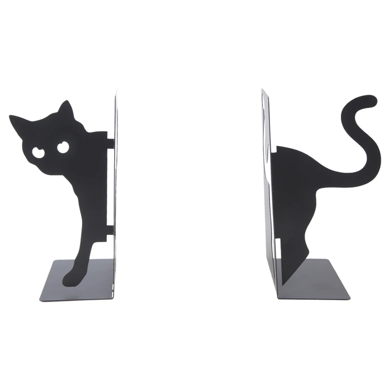 Design Cat Bookends - Metal Decorative Kitty Holders For Books, Magazines, Non-Slip Pads, Round Corners