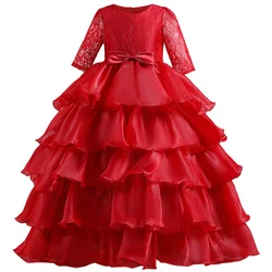 Red Lace Sleeves Children's Dress For 3 TO 10 Year Girl Performance Fluffy Dress Large Hem Dress Bow Cake Dress