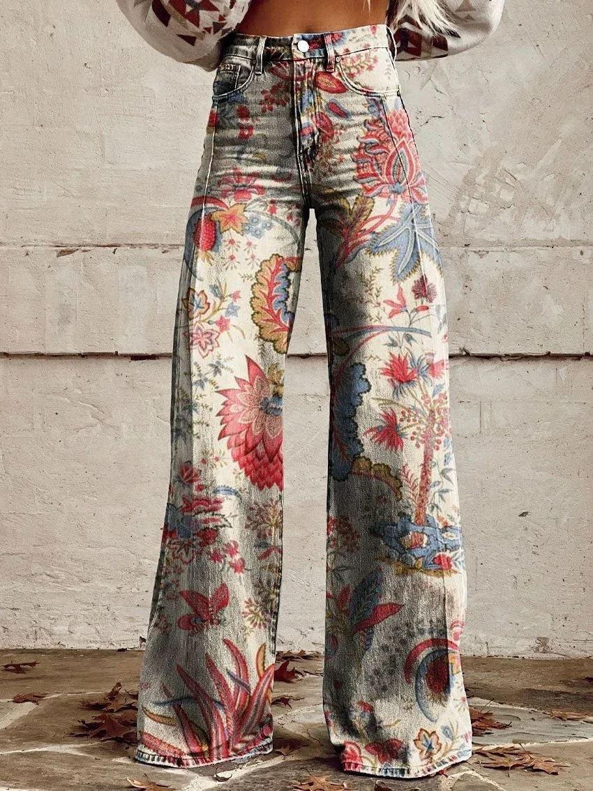 

Fashionable Floral Women's Jeans Korean Elegant High Waisted Wide Leg Pants Loose Full Ladies Casual S-Xl Faux Denim Pants