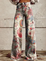 Jeans florais na moda para mulheres, cintura alta, calças largas, largas e cheias para senhoras, calças jeans artificiais, elegante e casual, S to XL