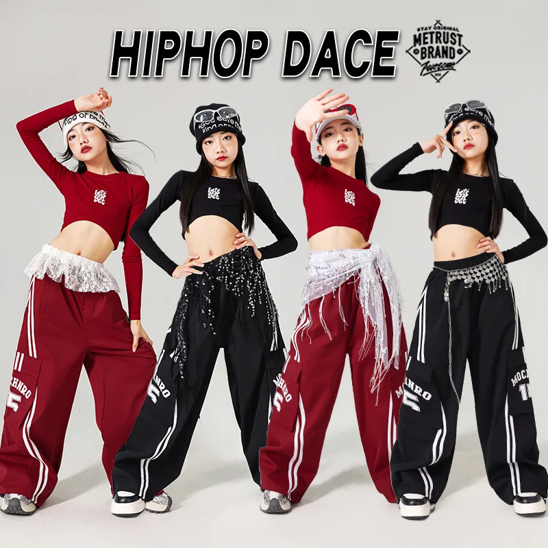 K-pop Girls Sweet Crop Top Street Dance Sport Cargo Pants Children Hip Hop Streetwear Kids Jazz Girl Group Costumes Clothes Sets