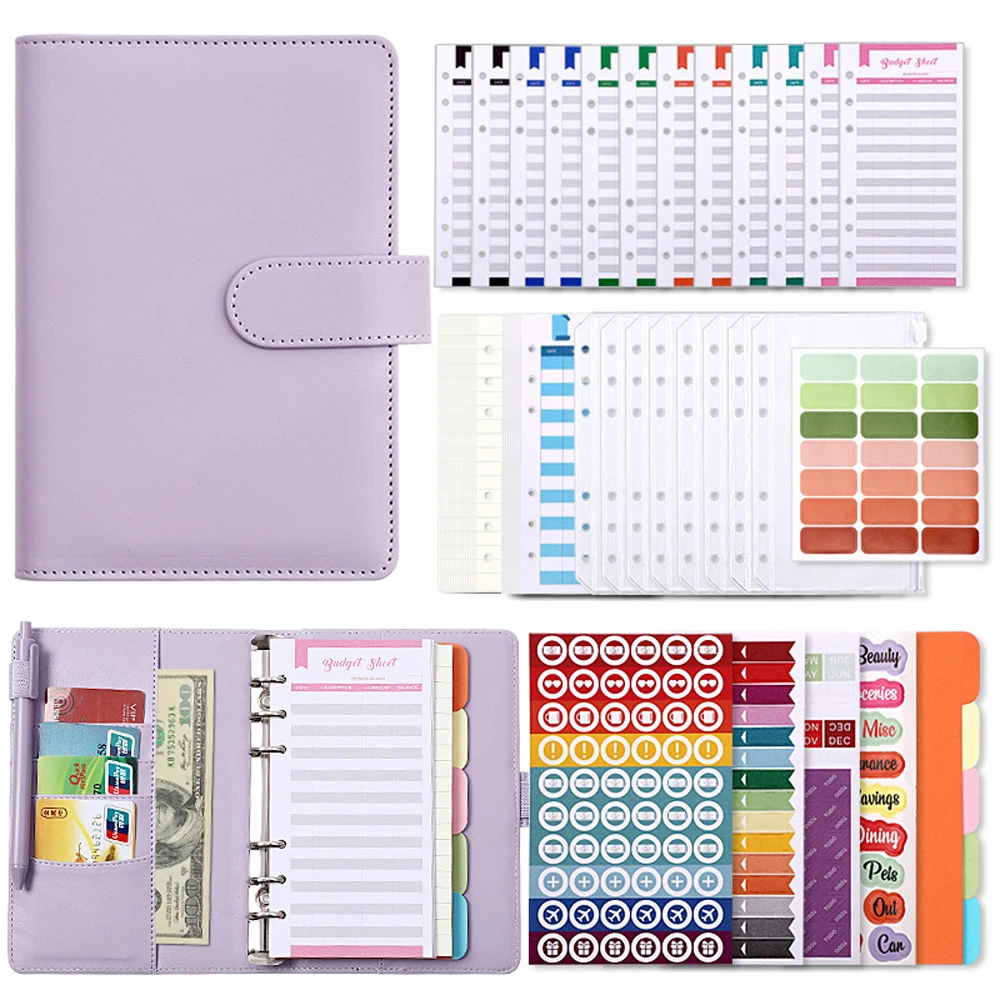 Classeur A6, 6 Anneaux Budget Planner, PU Cuir Classeur Budget avec Bouton Pression, Mini Classeur Pour A6 Enveloppe Budget.