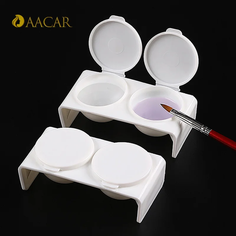 White Plastic Liquid Dappen Dish Twin Cup Nail Art Pigment Holder for Nail Brushes Washing Container with Lids Manicure Tool