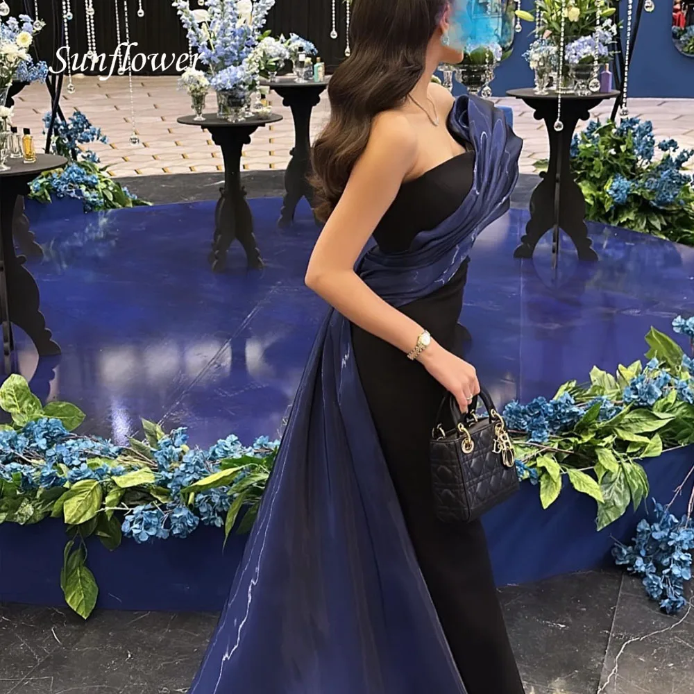 Sunflower Simple Strapless Crepe Mermaid Formal Evening Dress Slim Backless Pleat Blue Satin Floor-Length Prom Dress