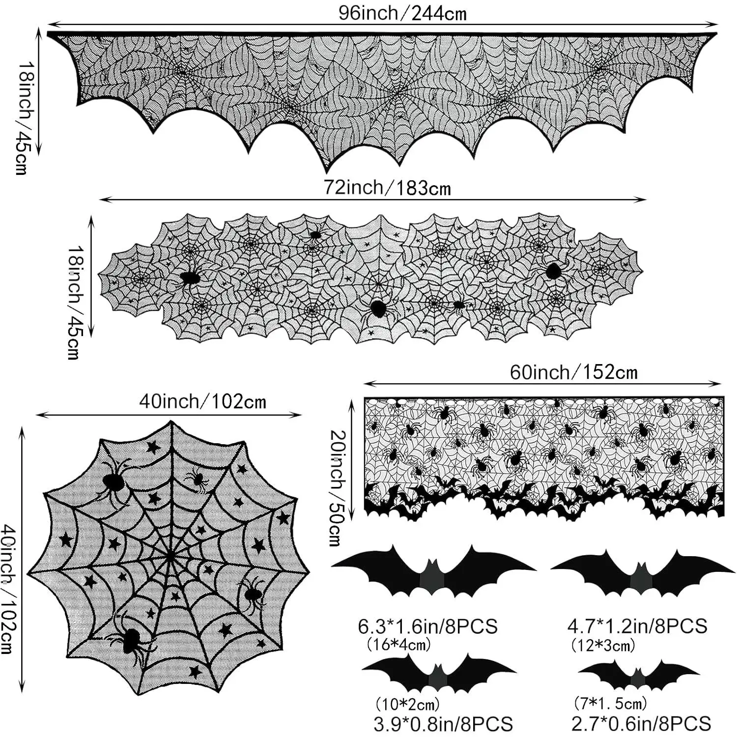 Halloween-Dekorationsset Schwarzes Spinnennetz Tischläufer Kaminumflur-Bezug Lampenschirm mit 3D-Fledermaus-Aufklebern für Party – Detail 5