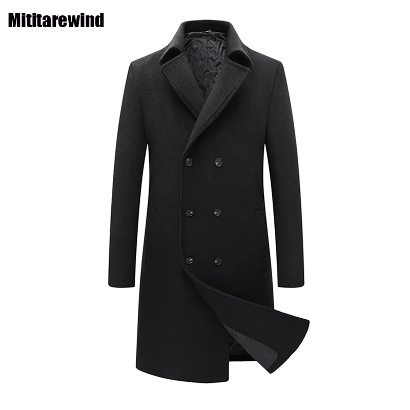 

Winter Woolen Coats for Men Business Casual Mid Long Coat Solid Thicken Double Breasted Wool Blends Coas Slim Warm Windbreaker