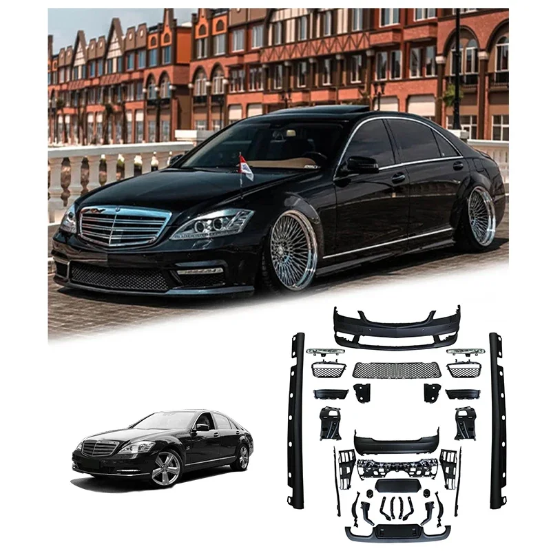 Fiberglass Front Bumper Rear Bumper Side Skirts LED Lights Wald Body Kit for S Class W221 2007-2014