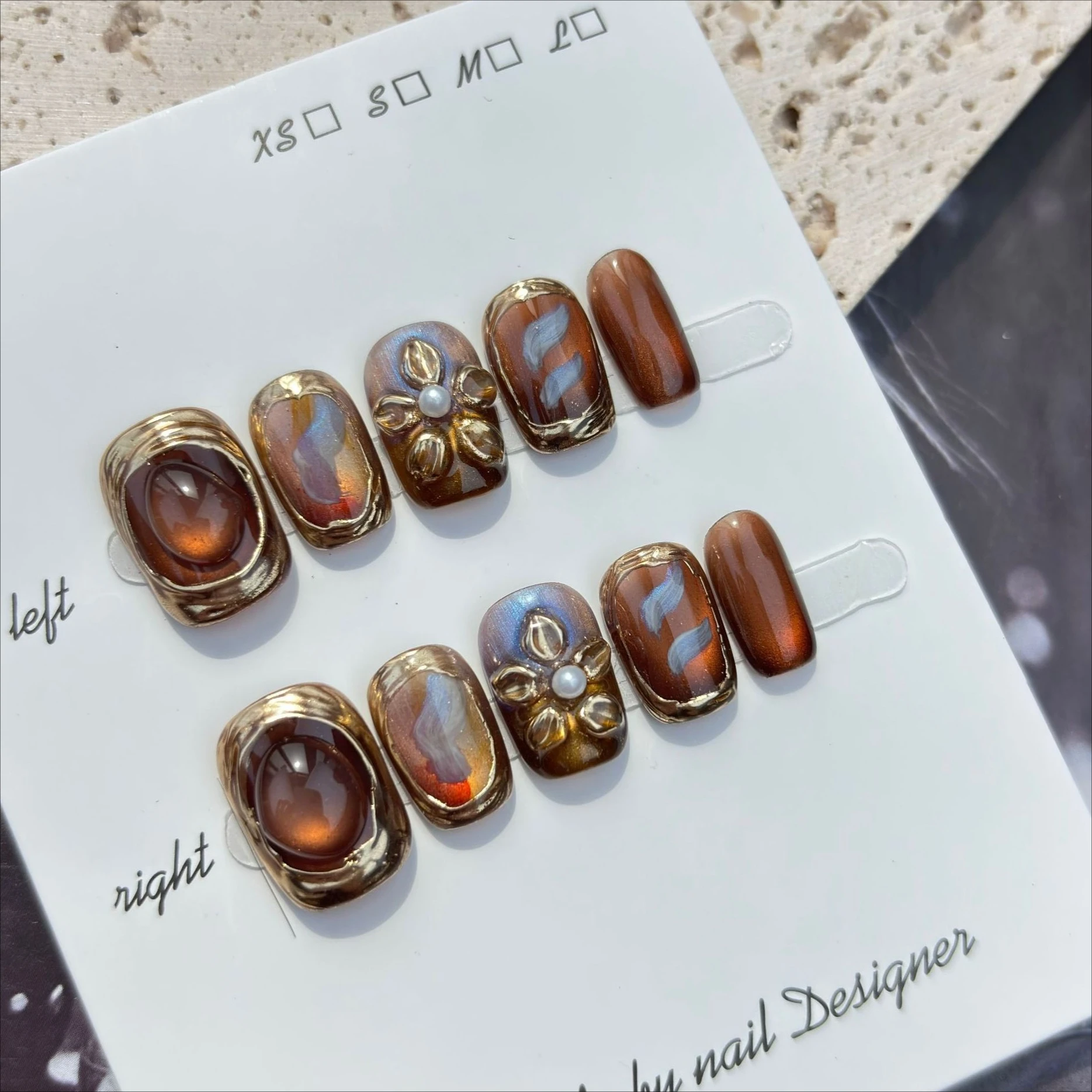 10 pièces ambre oeil de chat acrylique presse sur ongles or Chrome poudre ongles rétro 3D fleur perle faux ongles automne carré faux ongles