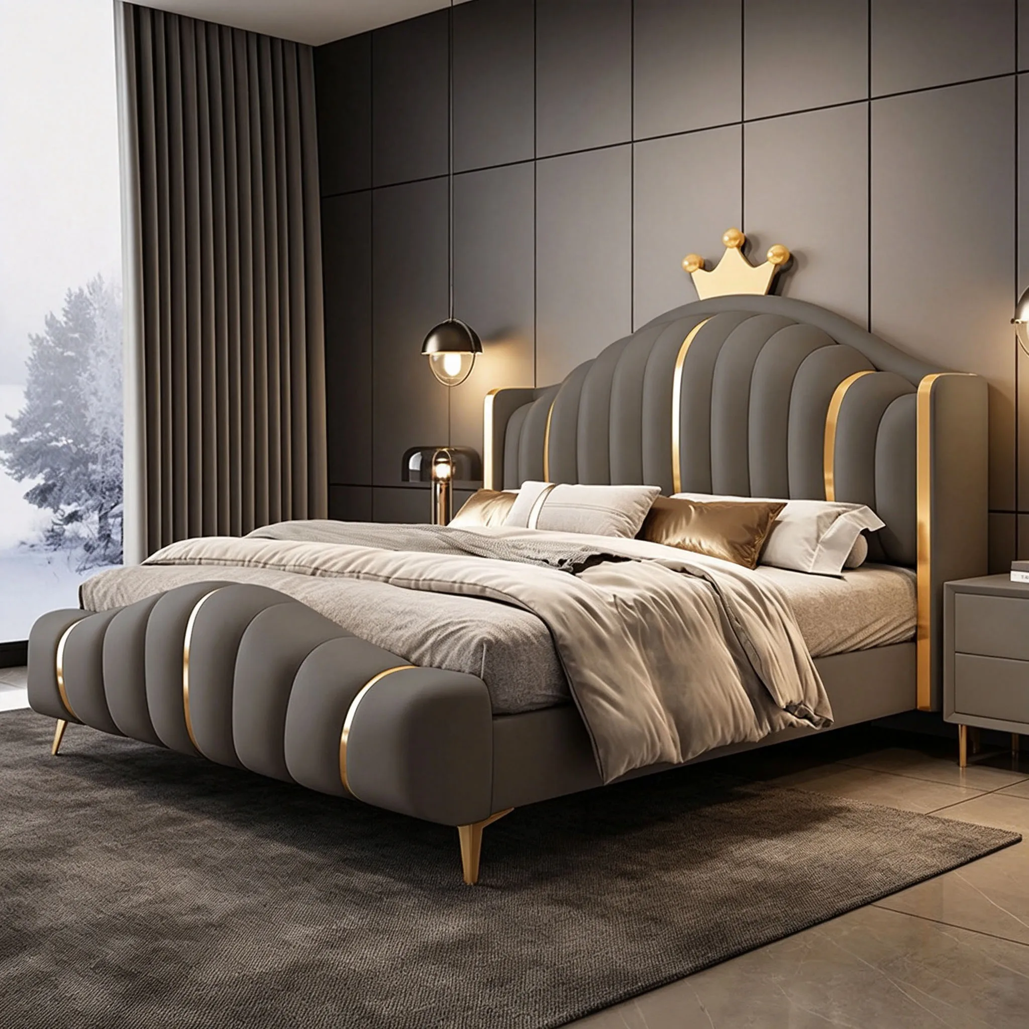 Leather bedding set Bedroom modern Italian beige queen bed frame Elegant high-end hotel 1.8M bedding set